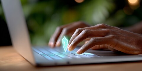 African adult using laptop with holographic shield icon for cybersecurity