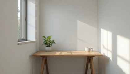 wooden table sitting beautifully designed interior room furniture near the window.