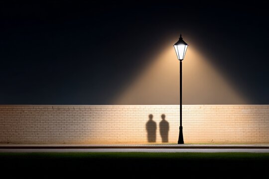 Mysterious night shadows cast by street lamp on brick wall