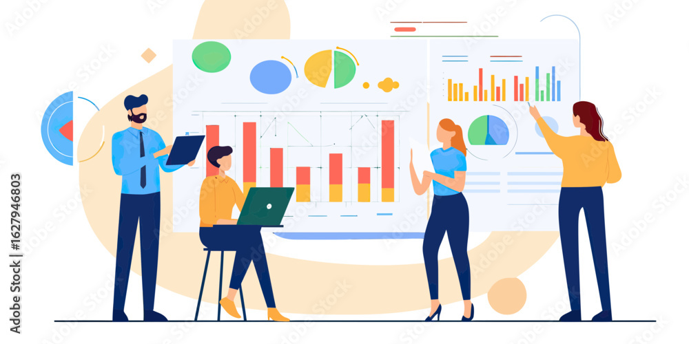 Poster teamwork business presentation with diverse colleagues analyzing charts and graphs using laptop and 
