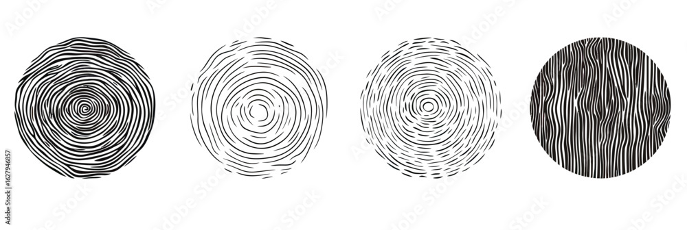 Poster set of four hand drawn circular textures with black brush stroke lines and spiral patterns creating 