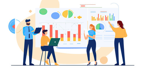 Teamwork business presentation with diverse colleagues analyzing charts and graphs using laptop and tablet in modern office setting vector illustration