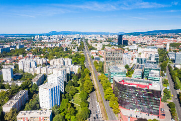 Aerial view of Business towers in Vukovarska and Radnicka streets in Zagreb, capital of Croatia