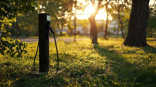 Electric car charging station in a park at sunset. Lush green grass surrounds a black charging post