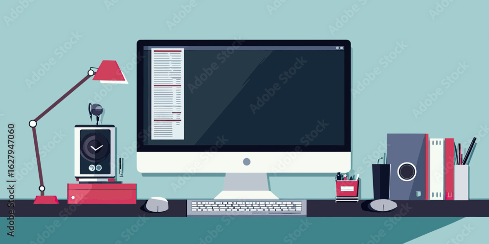 Poster desktop computer workspace with office accessories flat minimalist vector illustration for business 