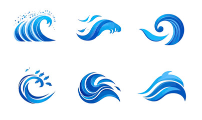 Set of six blue ocean wave icons with stylized splashes and flowing water shapes in flat minimalist vector design for marine and water themes