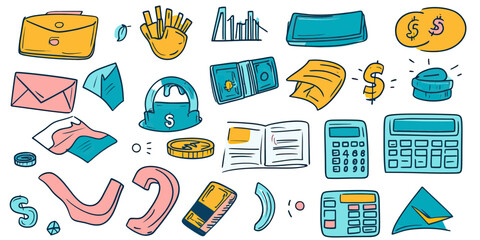 Hand drawn finance and business icon set with calculator, wallet, money bills, coins, graph, envelope, and financial symbols sketch doodle in minimalist vector style