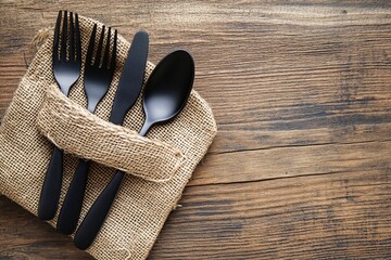 Black cutlery set on burlap sack, rustic wooden table