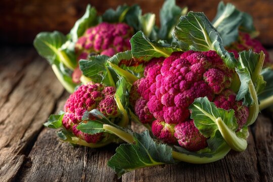 Unique display of vibrant pink cauliflower on rustic wooden surface in natural light - Powered by Adobe
