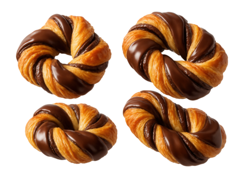 Four appetizing chocolate-twisted croissants presented in a circular shape on transparent background.