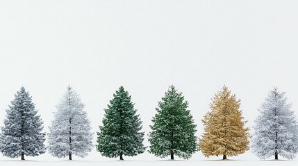 Fototapeta premium Five snow-covered evergreen trees of varying colors (silver, gray, teal, dark green, gold) against a white background