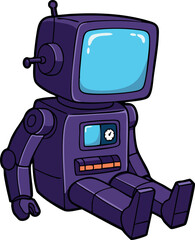 Fototapeta premium Retro style purple robot with blue screen sitting illustration vector 