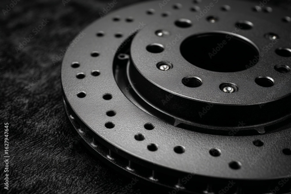 Poster close-up view of metallic brake disc with detailed design showcasing engineering precision and funct