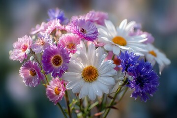 Obraz premium Beautiful bouquet of colorful flowers featuring daisies and asters in bright sunlight, showcasing nature's vibrant palette