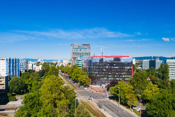 Aerial view of Business towers in Vukovarska and Radnicka streets in Zagreb, capital of Croatia