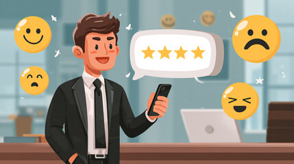 A happy businessman checks his phone, surrounded by various emojis indicating customer feedback and satisfaction with a fivestar rating