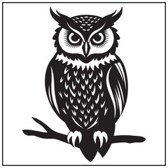 Fototapeta premium Vector art of black owl perched on a branch illustration isolated on white background