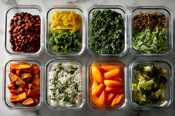 Eight glass food containers filled with colorful prepped ingredients for healthy meal preparation and storage