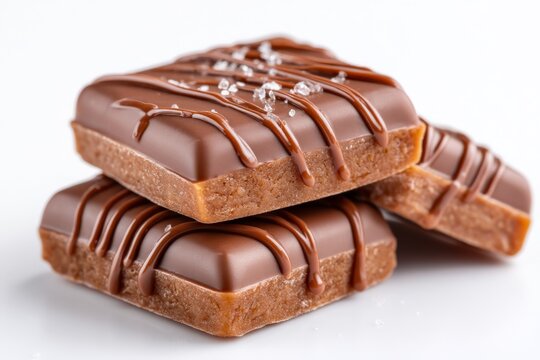 Delicious chocolate squares topped with caramel drizzle and sea salt, perfect for dessert lovers at any time of the day