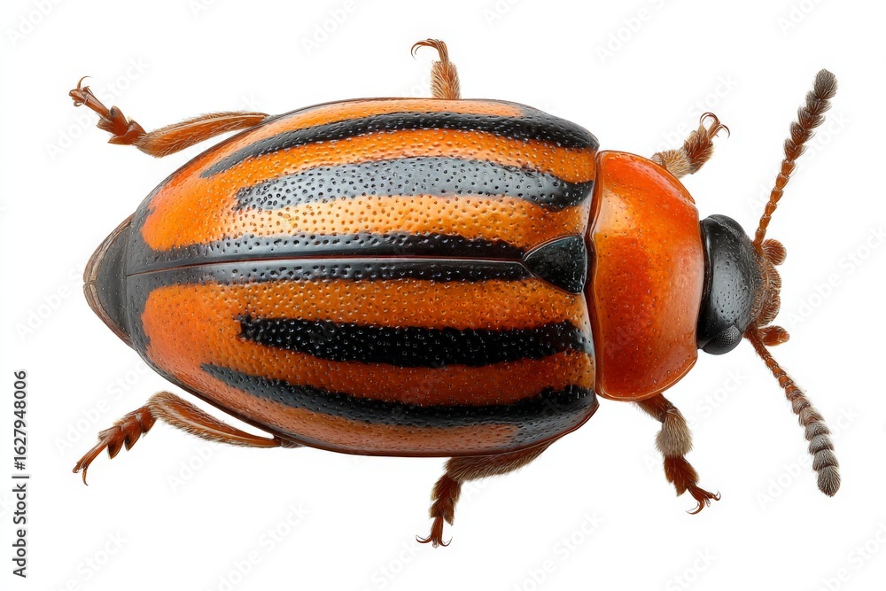 Poster close-up view of a vibrant striped beetle on a clean background showcasing intricate patterns and co
