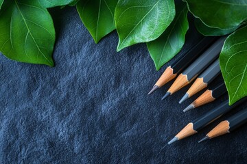 Pencils and Green Leaves on Dark Stone Background
