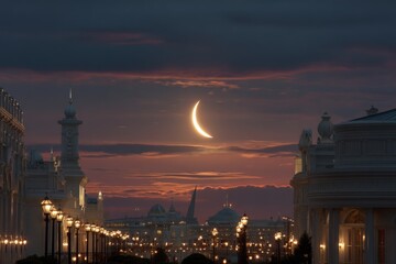 Fototapeta premium Stunning crescent moon over city skyline during twilight with illuminated streetlamps and a serene atmosphere