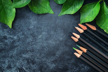 Green leaves and colored pencils on dark textured surface