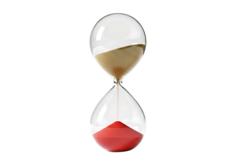 Glass hourglass with flowing sand and red liquid isolated on a transparent background time