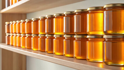 A shelf filled with stacked jars of natural honey reflects the vibrant, golden color of the honey. This attractive display in a supermarket invites shoppers to explore quality goods