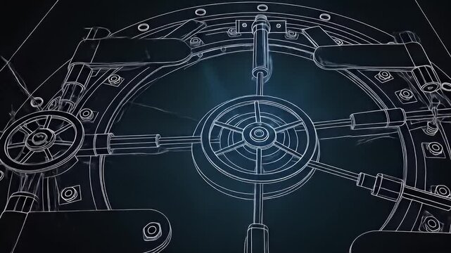 Safe Deposit Security: Detailed blueprint-style image of a heavy, circular vault door, the emblem of financial security. The image offers a sense of the intricate mechanism of a vault.