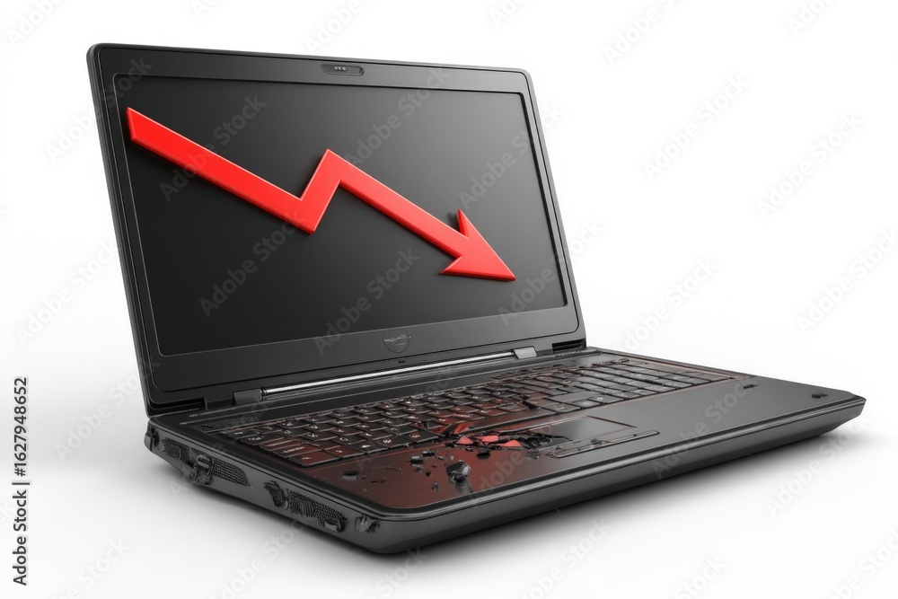 Fototapete Computer failure representation showing a damaged laptop with a declining graph symbolizing poor performance