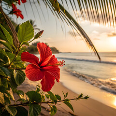 A bright red hibiscus flower in full bloom near a tropical beach, with palm leaves in the background and soft ocean waves in the distance..
