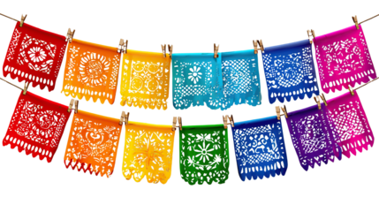 Papel Picado: Vibrant Mexican Flags Displayed. A string of colorful Mexican flags, known as Papel Picado, hangs in an image, bringing the spirit of celebration to life.