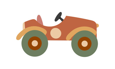 Children's wooden toy car. Side-by-side multicolored toy. Flat colored isolated illustration on white. Retro-style wooden first racing car. Vintage bright multicolored cute children's toy