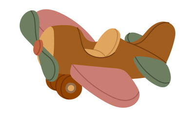 Children's wooden airplane toy. Semi-side multicolored toy. Flat colored isolated illustration on white. Retro-style wooden helicopter, corn plane. Vintage bright multicolored cute children's toy