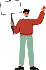 Young man holding blank sign waving hand casual clothing vector illustration 