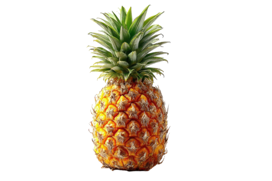 A single pineapple, whole and isolated.  Bright yellow-gold skin with a prominent pattern of  small, raised bumps.  Green, spiky leaves extend outward from the top.  Dark background