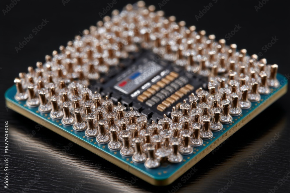 Poster Detailed view of a microprocessor with numerous pins on a circuit board against a dark background