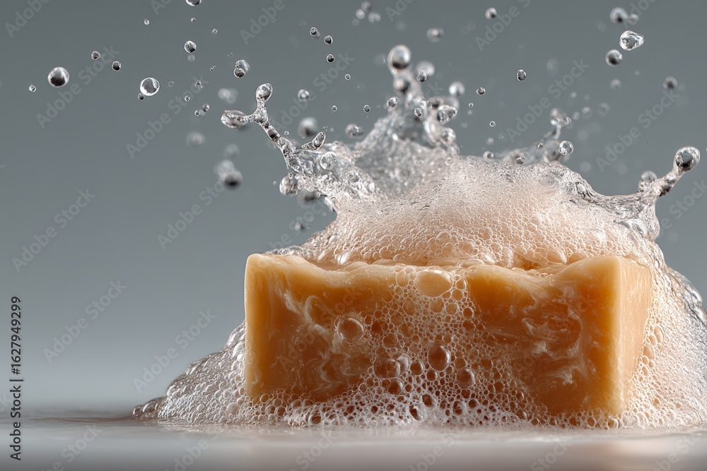 Aufkleber soap bar splashes into water creating dynamic bubbles and froth at a close range