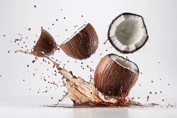 Coconuts halves with splashing liquid, tropical refreshment