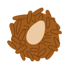 Wicker bird nest with one egg inside, top view. Flat color isolated illustration. Newborn. Hatching. Offspring. Family with one child. Bird nest made of twigs. Birth of a child