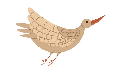 Crane, stork flying sideways isolated on a white background. Flat color illustration. Large sideways bird. Bird flying away, returning. Children's illustration