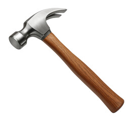 A claw hammer with a metal head and wooden handle on transparent background.