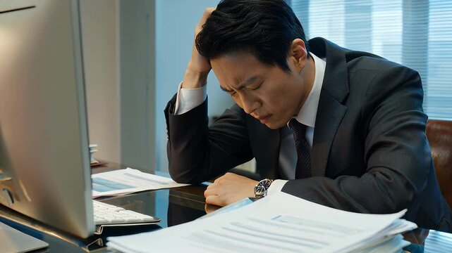 A stressed Asian businessman in a suit sits at his desk with his head in his hand, surrounded by paperwork and a computer.