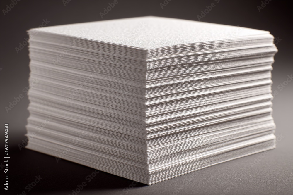 Poster stack of white paper sheets arranged neatly on a dark surface in a well-lit setting