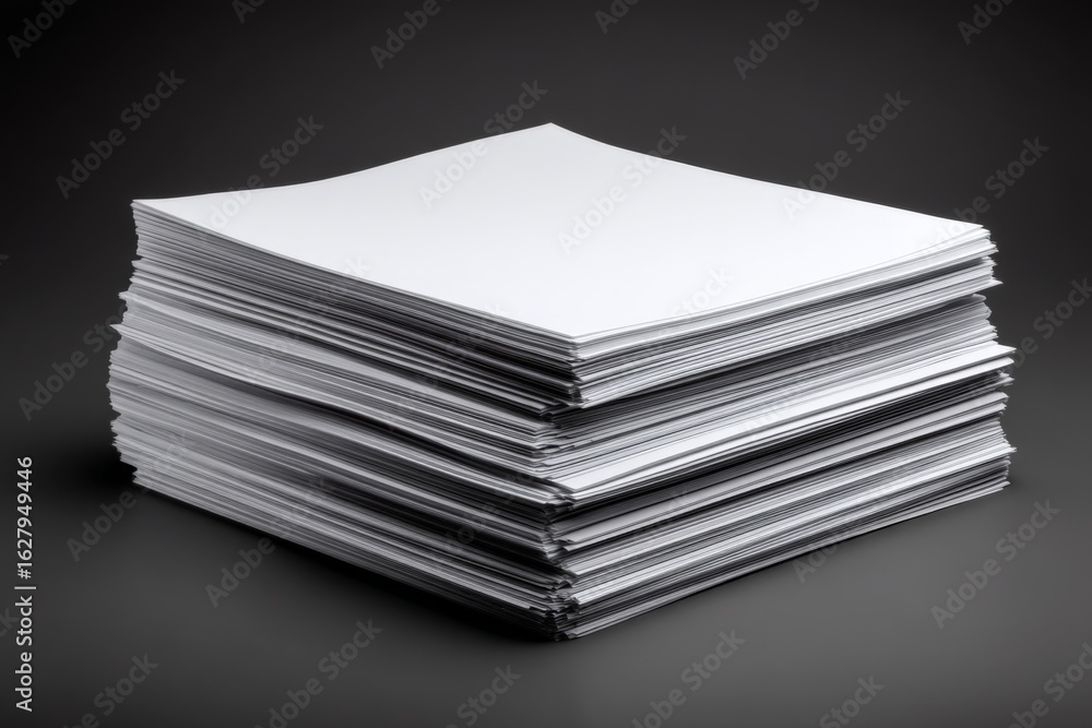 Poster stacked sheets of blank paper ready for printing in a modern office setting