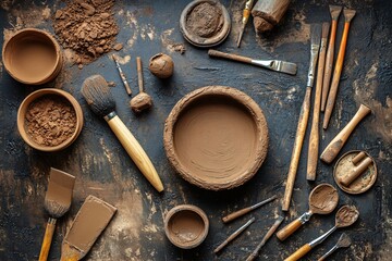 Pottery tools and clay on a dark textured surface
