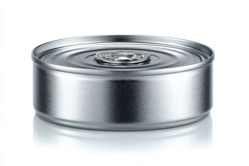 Metal can with pull tab rests on a reflective surface showcasing its polished exterior and simple design for food storage