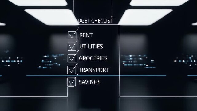 Budget Checklist: A digitally rendered budget checklist featuring key financial categories like rent, utilities, groceries, transportation, and savings. The design suggests a modern, organized.
