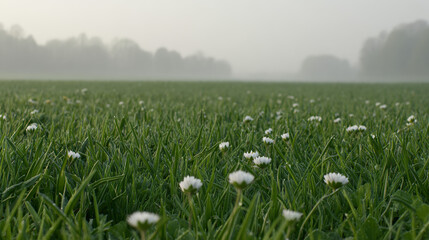 Lush green spring grass field with delicate wildflowers under soft morning sunlight.